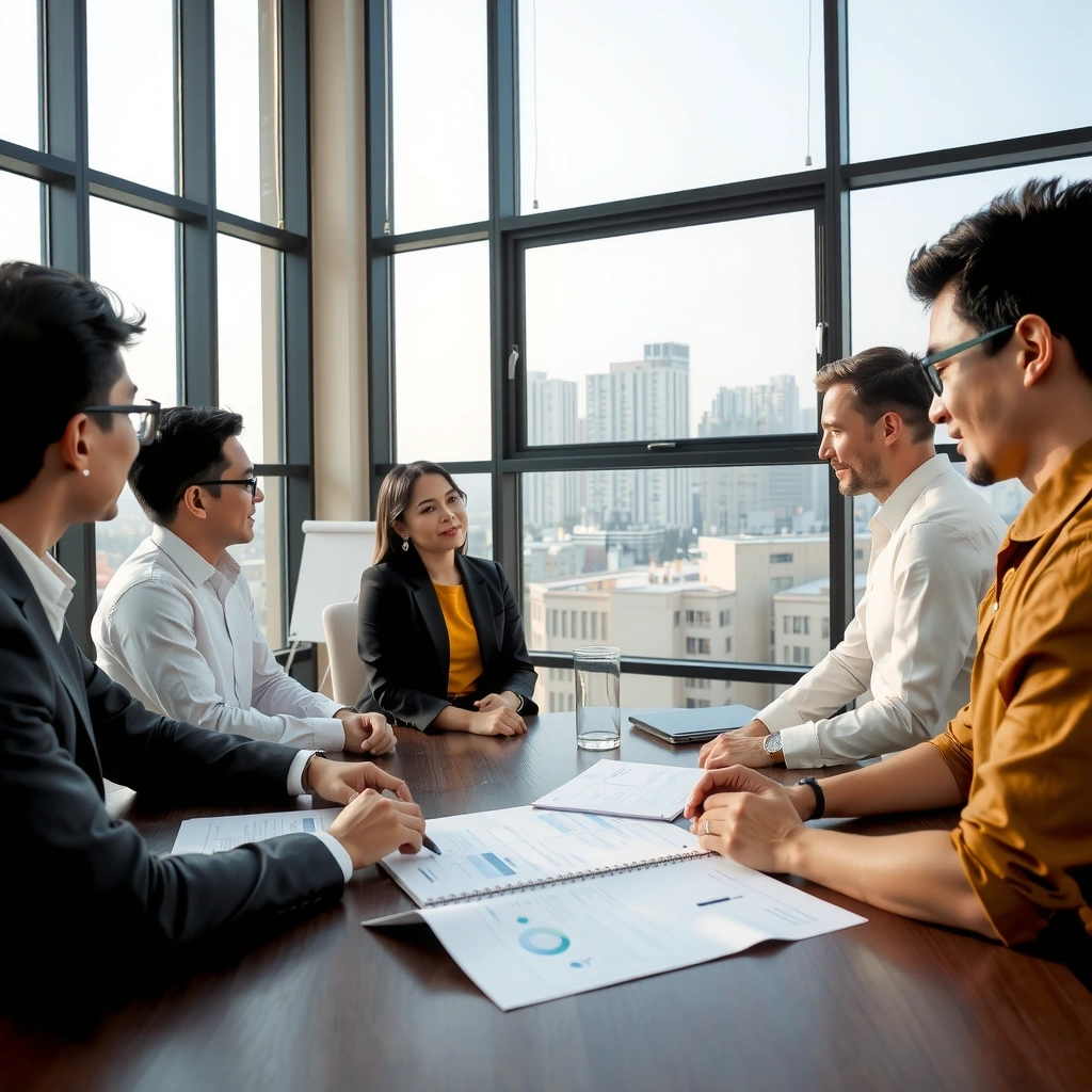 Marketing team collaborating in modern workspace